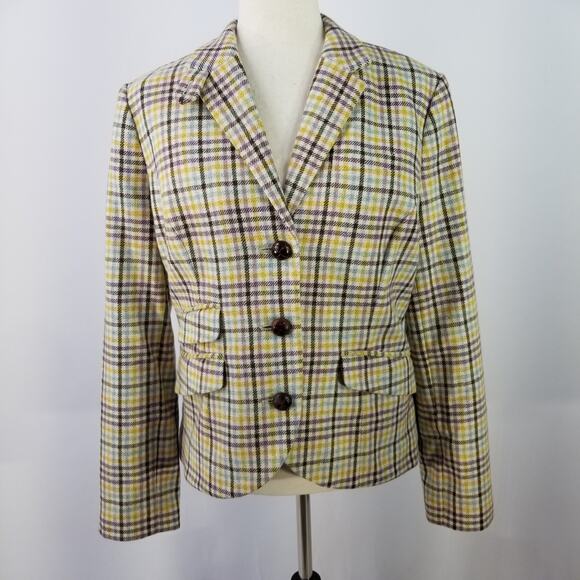 L.L. Bean Teal Lavender Brown Yellow Blue Wool Blend Vintage Blazer Jacket 10 - Picture 1 of 5